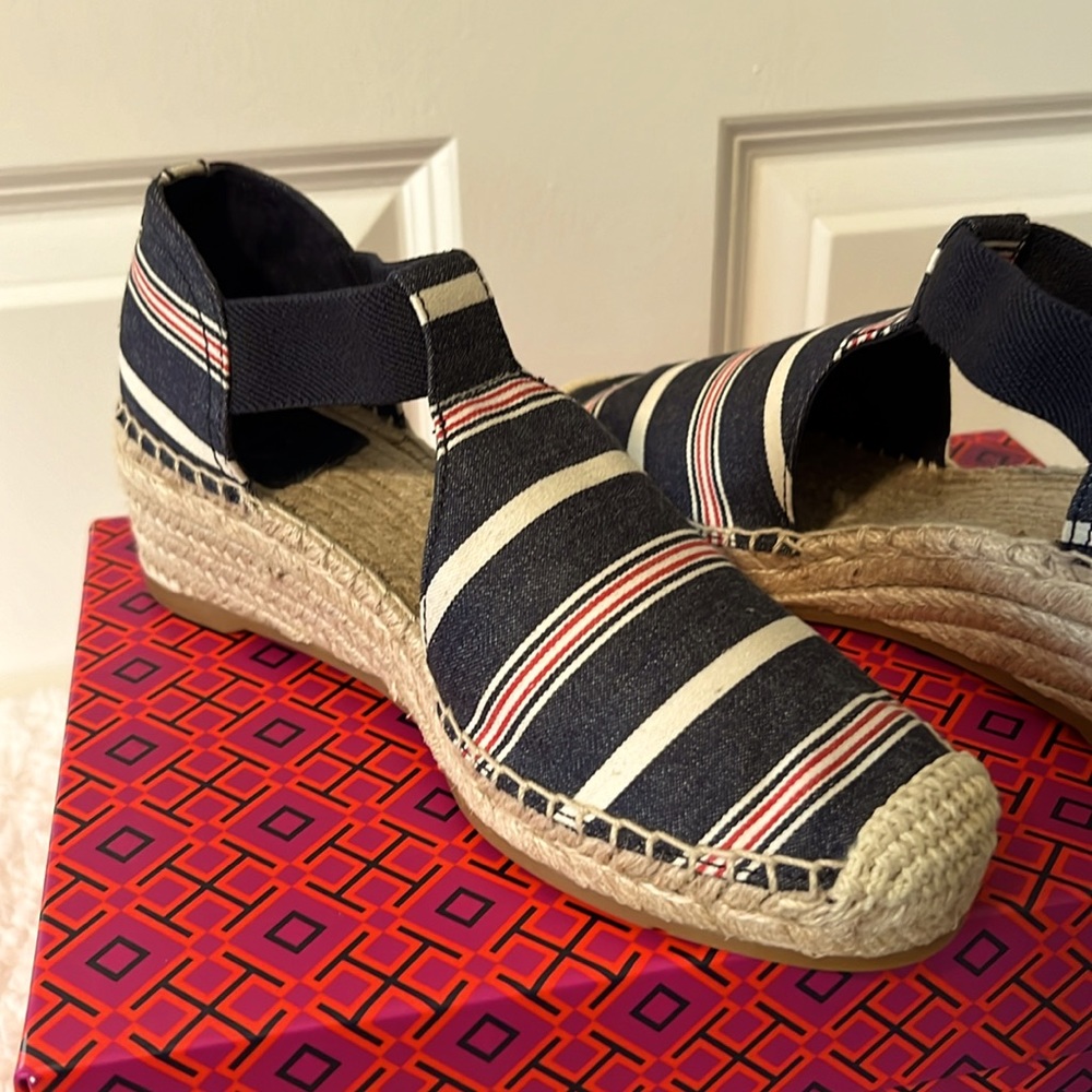 Tory Burch Women's Catalina Espadrille Wedge Striped Heel Blue White Red SZ  7.5